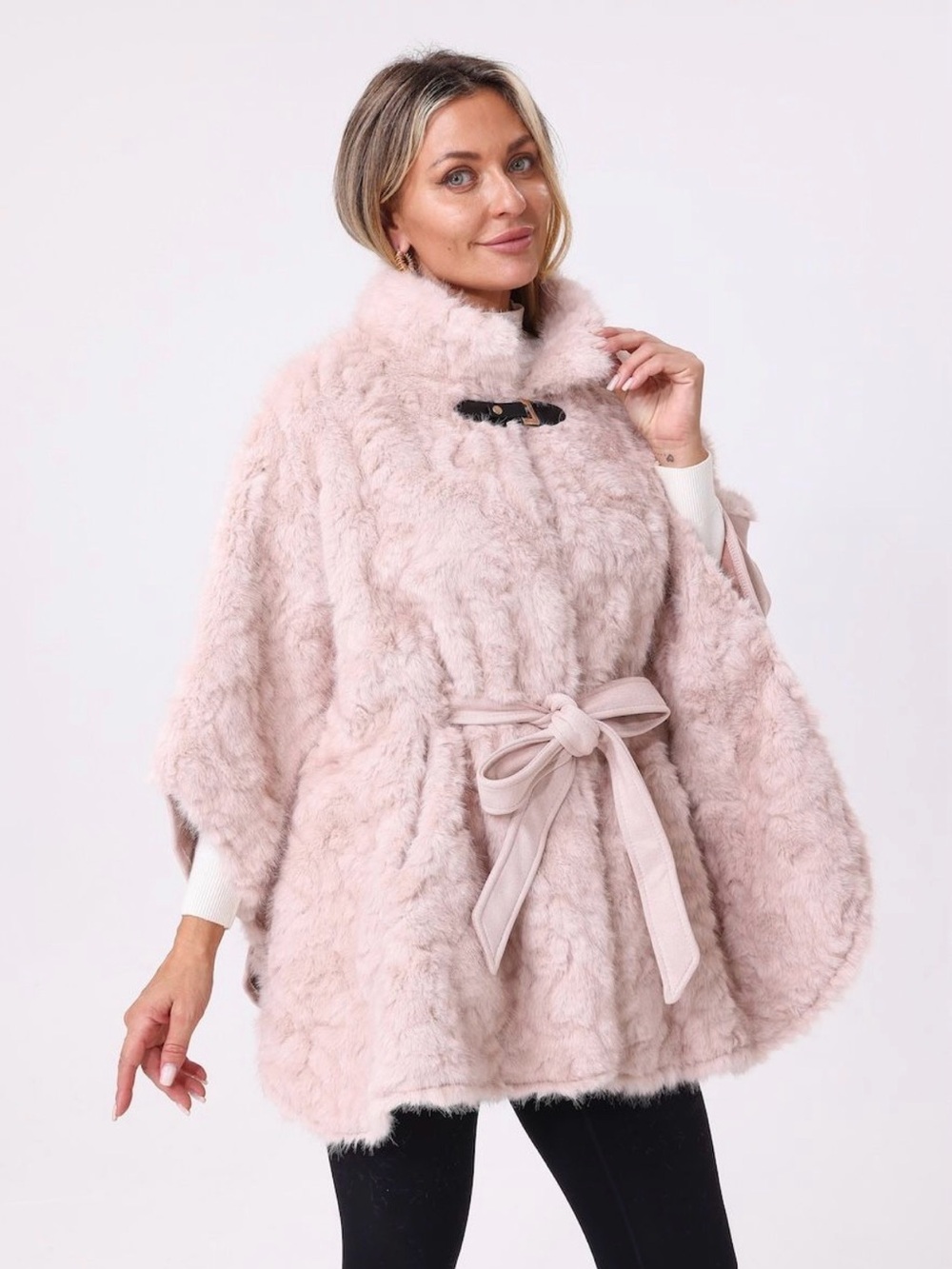 Blush Faux-Fur Belted Cape Shrug